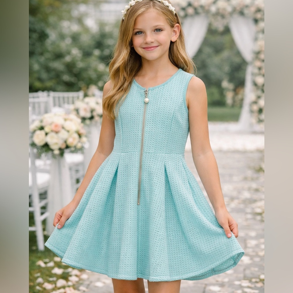Elisa B Girls Pleated Dress with Zip Front and Pearl Detail Size 10 NWT